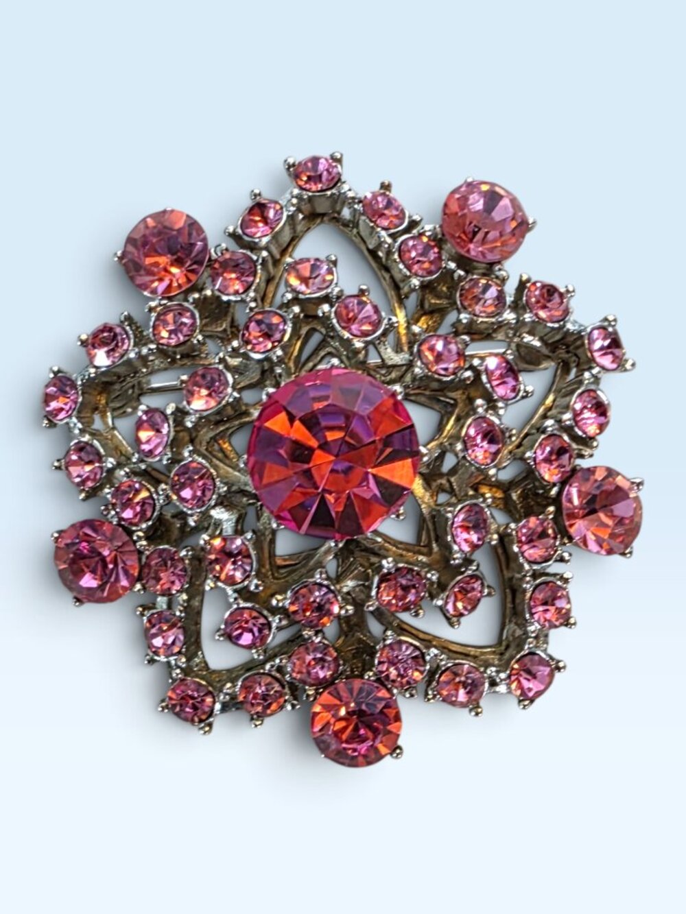 Vintage Pink Rhinestone Floral Starburst Statement Brooch